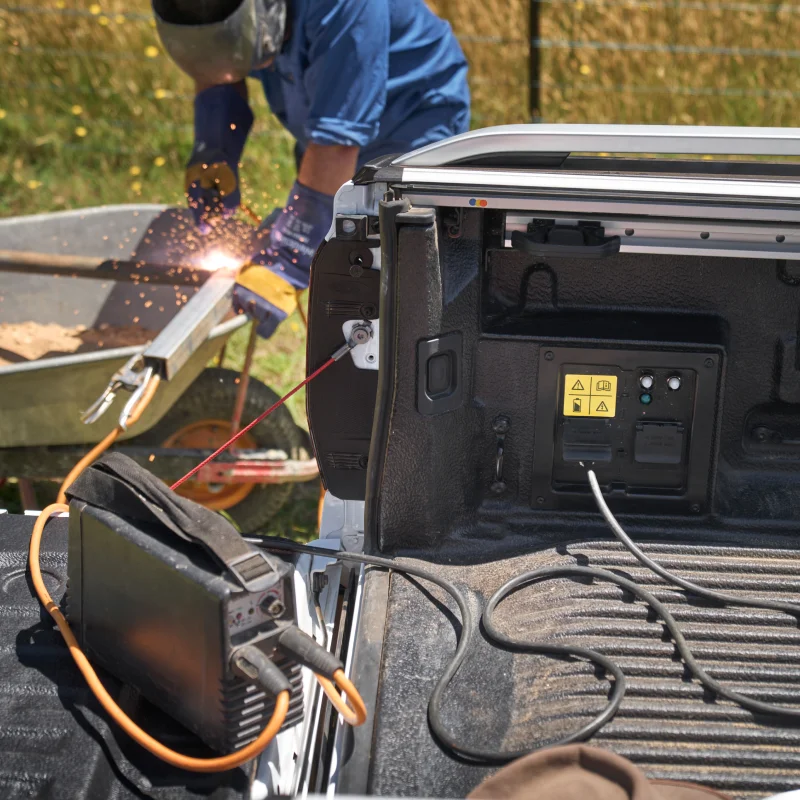 A welder running off the Pro Power Onboard outlets in a Ranger tray