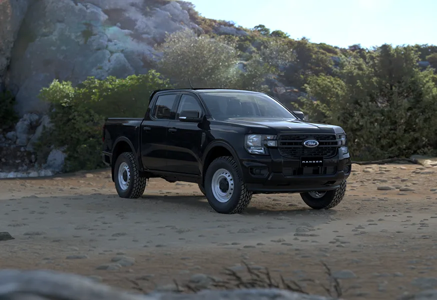 Ford Ranger XL in shadow black on loose rock